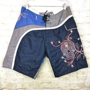VTG Zoo York Swim Board Short Men 34X10 Blue Gray Skull Embroidery Skate Y2K
